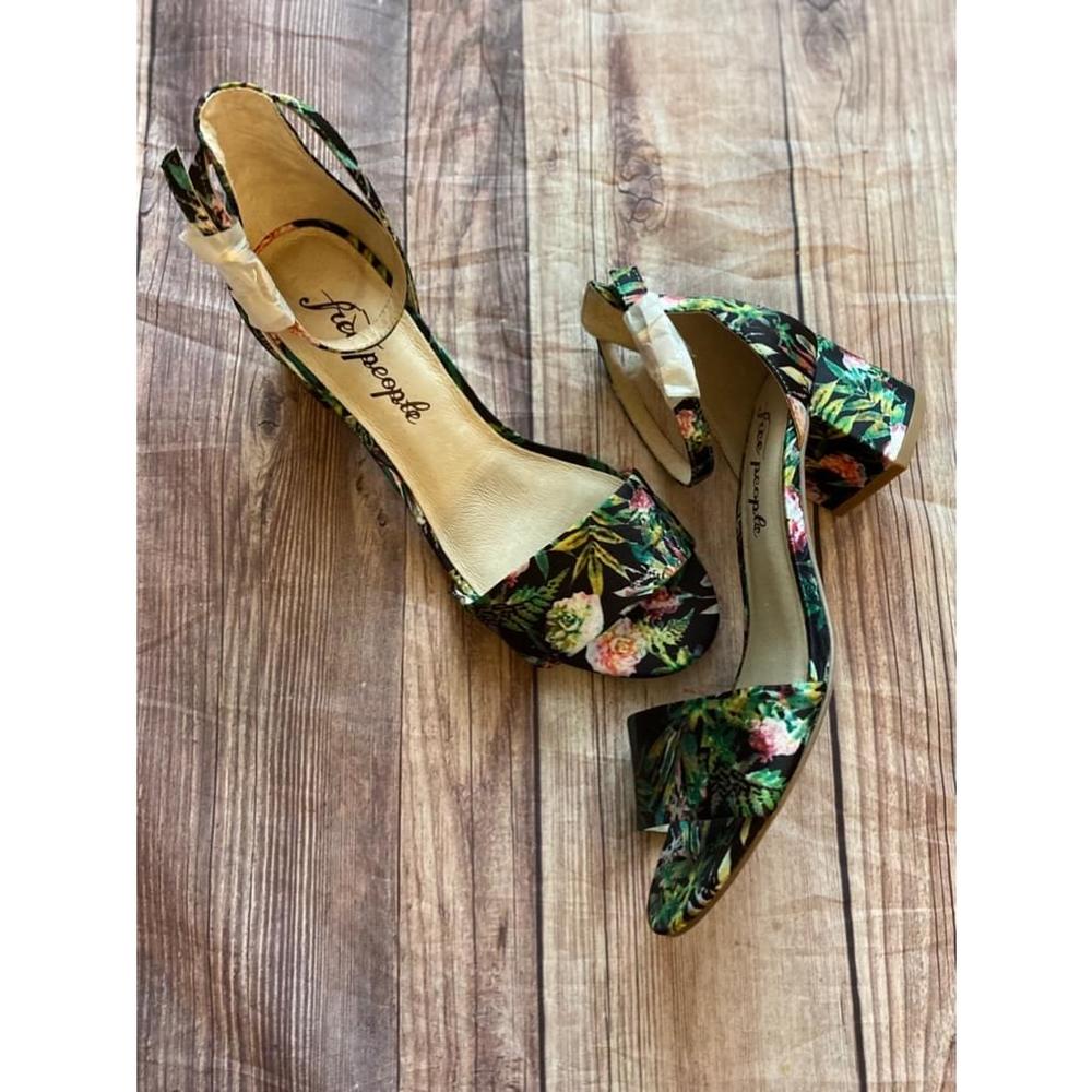 Free People Floral Open-Toe Heels - Green and Pink